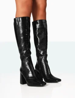 Flash Sale Apology Black Patent Croc Knee High Block Heel Boots Heeled Boots | Knee High Boots