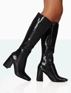 Flash Sale Apology Black Patent Croc Knee High Block Heel Boots Heeled Boots | Knee High Boots