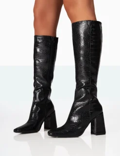 Flash Sale Apology Black Patent Croc Knee High Block Heel Boots Heeled Boots | Knee High Boots