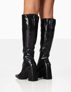 Flash Sale Apology Black Patent Croc Knee High Block Heel Boots Heeled Boots | Knee High Boots