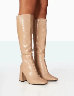 Discount Apology Nude Patent Croc Knee High Block Heel Boots Heeled Boots | Knee High Boots