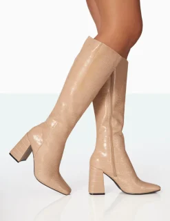 Discount Apology Nude Patent Croc Knee High Block Heel Boots Heeled Boots | Knee High Boots