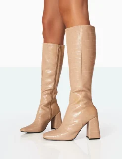 Discount Apology Nude Patent Croc Knee High Block Heel Boots Heeled Boots | Knee High Boots