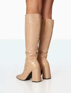 Discount Apology Nude Patent Croc Knee High Block Heel Boots Heeled Boots | Knee High Boots