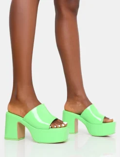 New Ariel Patent Mule Chunky Mid Platform Heels Mules | Block Heels