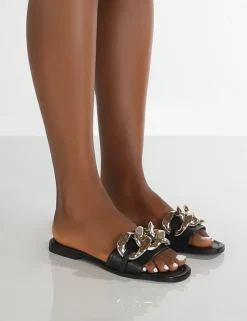 Hot Ark Chunky Chain Detail Slide Sandals Strappy Heels | Kitten Heels