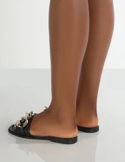 Hot Ark Chunky Chain Detail Slide Sandals Strappy Heels | Kitten Heels