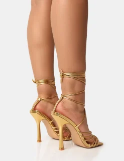 Hot Aspen Gold Knot Strap Lace Up Square Toe Stiletto Heels High Heels