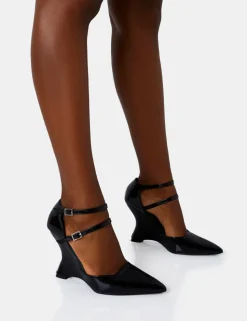 Clearance Aspiration Black Patent Strappy Pointed Platform Cut Out Wedge Heels Wedges | Block Heels