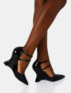Clearance Aspiration Black Patent Strappy Pointed Platform Cut Out Wedge Heels Wedges | Block Heels