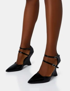 Clearance Aspiration Black Patent Strappy Pointed Platform Cut Out Wedge Heels Wedges | Block Heels