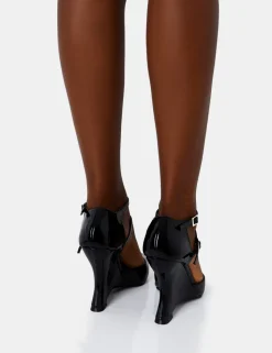 Clearance Aspiration Black Patent Strappy Pointed Platform Cut Out Wedge Heels Wedges | Block Heels