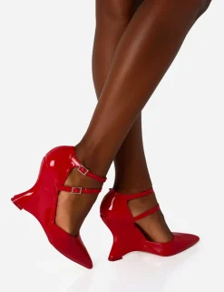 Best Aspiration Patent Strappy Pointed Toe Platform Cut Out Wedge Heels Wedges | Block Heels