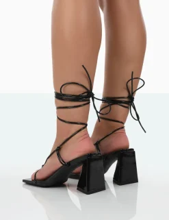 Store Atlas Patent Square Toe Lace Up Flared Mid Block Heeled Sandals Square Toe Heels | Lace Up Heels