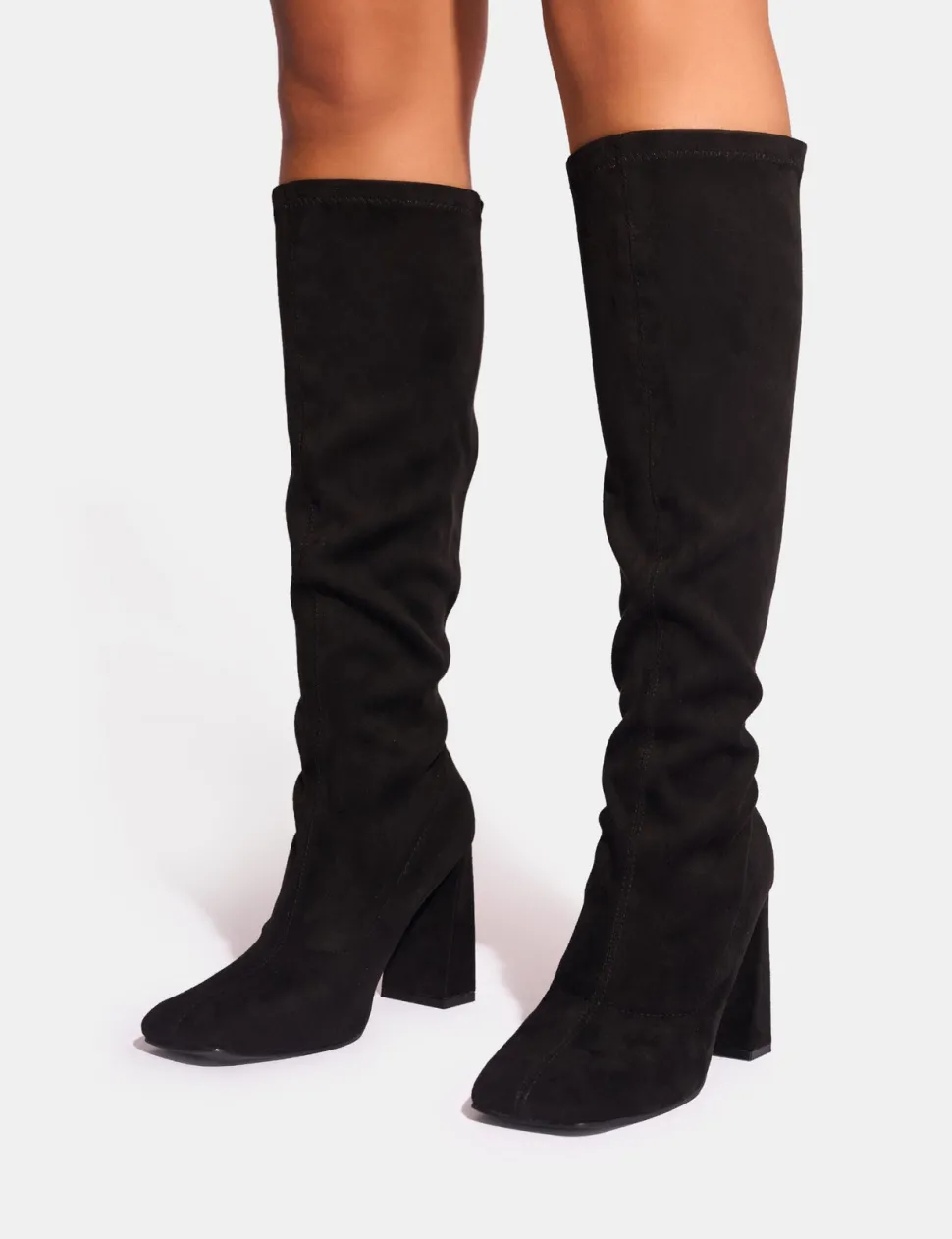 Discount Audrina Suede Wide Fit Block Heel Knee High Sock Boots Wide Fit Block Heels | Block Heels
