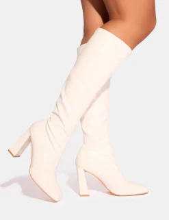Best Audrina Pu Block Heel Knee High Sock Boots Block Heels | Sock Boots