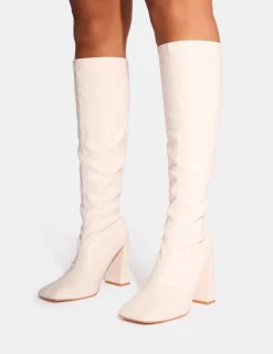 Best Audrina Pu Block Heel Knee High Sock Boots Block Heels | Sock Boots