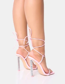 Clearance Babe Baby Pu Lace Up Strappy Square Toe Barley There Thin Block High Heels Strappy Heels | Barely There Heels