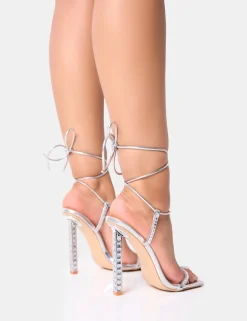 Store Babe Mirror Pu Lace Up Strappy Square Toe Barley There Thin Block High Heels Strappy Heels | Barely There Heels