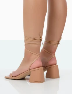 Store Babeass Nude Pu Sqaure Toe Lace Up Block Mid Heeled Sandals Square Toe Heels | Lace Up Heels