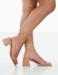 Store Babeass Nude Pu Sqaure Toe Lace Up Block Mid Heeled Sandals Square Toe Heels | Lace Up Heels