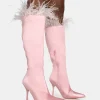 Hot Baddie Baby Pink Satin Feather Pointed Toe Stiletto Knee High Boots Sculpt & Leisure | Kaiia The Label