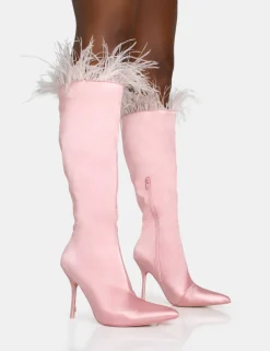 Hot Baddie Baby Pink Satin Feather Pointed Toe Stiletto Knee High Boots Sculpt & Leisure | Kaiia The Label