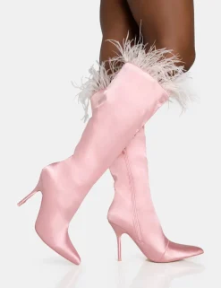 Hot Baddie Baby Pink Satin Feather Pointed Toe Stiletto Knee High Boots Sculpt & Leisure | Kaiia The Label