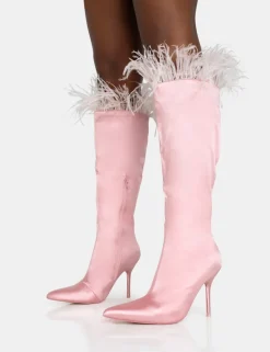 Hot Baddie Baby Pink Satin Feather Pointed Toe Stiletto Knee High Boots Sculpt & Leisure | Kaiia The Label