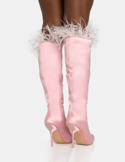 Hot Baddie Baby Pink Satin Feather Pointed Toe Stiletto Knee High Boots Sculpt & Leisure | Kaiia The Label