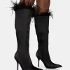Outlet Baddie Satin Feather Pointed Court Stiletto Knee High Boots High Heels | Heeled Boots