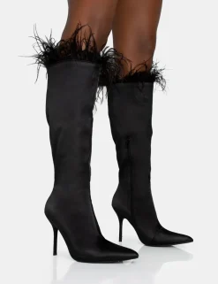Outlet Baddie Satin Feather Pointed Court Stiletto Knee High Boots High Heels | Heeled Boots