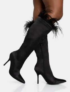 Outlet Baddie Satin Feather Pointed Court Stiletto Knee High Boots High Heels | Heeled Boots