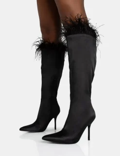 Outlet Baddie Satin Feather Pointed Court Stiletto Knee High Boots High Heels | Heeled Boots