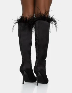 Outlet Baddie Satin Feather Pointed Court Stiletto Knee High Boots High Heels | Heeled Boots