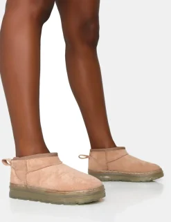 Hot Bambi Beige Faux Suede Ultra Mini Ankle Boots Flats | Faux Fur Ankle Boots