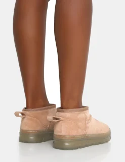 Hot Bambi Beige Faux Suede Ultra Mini Ankle Boots Flats | Faux Fur Ankle Boots