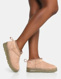 Hot Bambi Beige Faux Suede Ultra Mini Ankle Boots Flats | Faux Fur Ankle Boots