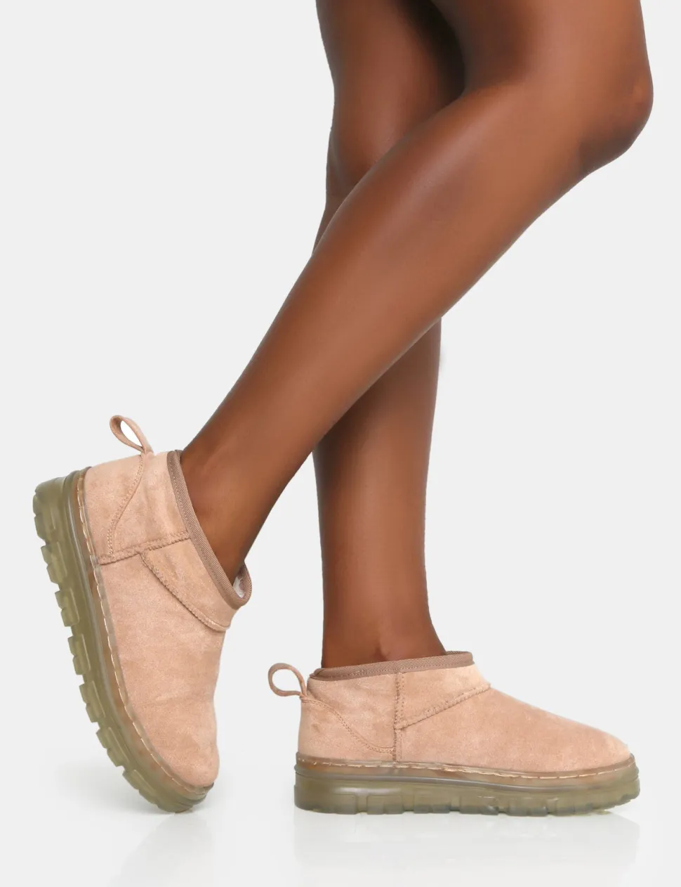 Hot Bambi Beige Faux Suede Ultra Mini Ankle Boots Flats | Faux Fur Ankle Boots