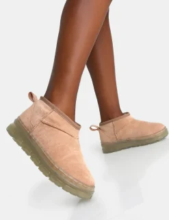 Hot Bambi Beige Faux Suede Ultra Mini Ankle Boots Flats | Faux Fur Ankle Boots