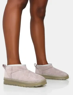 Shop Bambi Light Faux Suede Ultra Mini Ankle Boots Flats | Faux Fur Ankle Boots