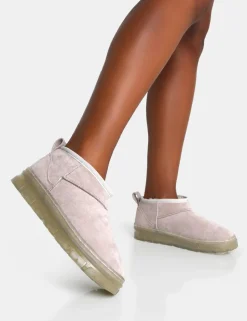 Shop Bambi Light Faux Suede Ultra Mini Ankle Boots Flats | Faux Fur Ankle Boots