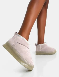 Shop Bambi Light Faux Suede Ultra Mini Ankle Boots Flats | Faux Fur Ankle Boots