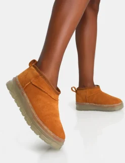 Hot Bambi Tan Faux Suede Ultra Mini Ankle Boots Flats | Faux Fur Ankle Boots