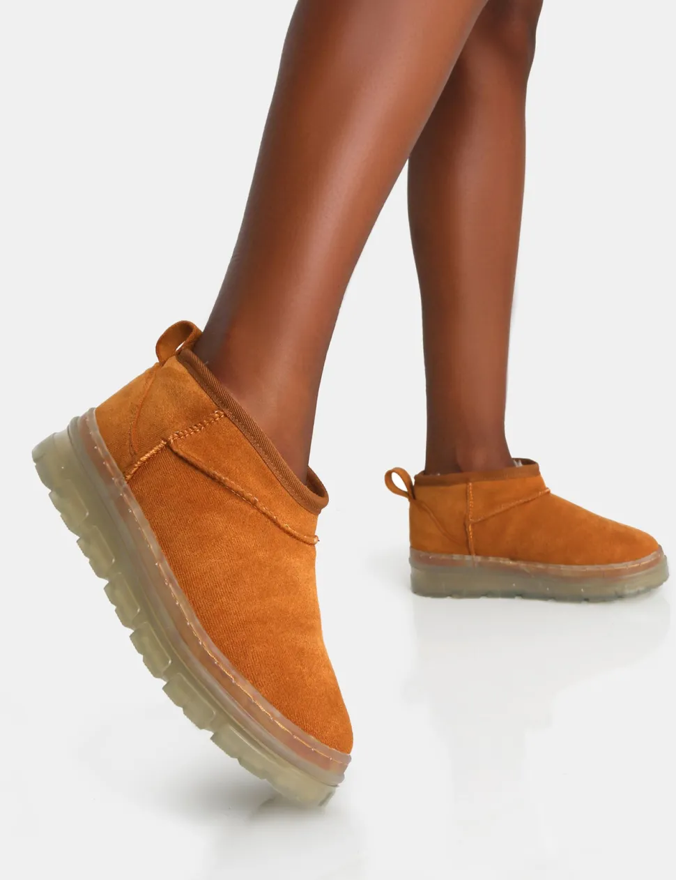 Hot Bambi Tan Faux Suede Ultra Mini Ankle Boots Flats | Faux Fur Ankle Boots