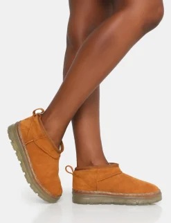 Hot Bambi Tan Faux Suede Ultra Mini Ankle Boots Flats | Faux Fur Ankle Boots