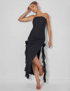 Fashion Bandeau Ruffle Detail Midi Dress Black Sculpt & Leisure | Kaiia The Label
