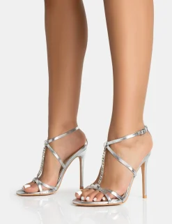 Online Beau Pu Diamante Strappy Round Toe Stilettos Heels Strappy Heels | Diamante Heels