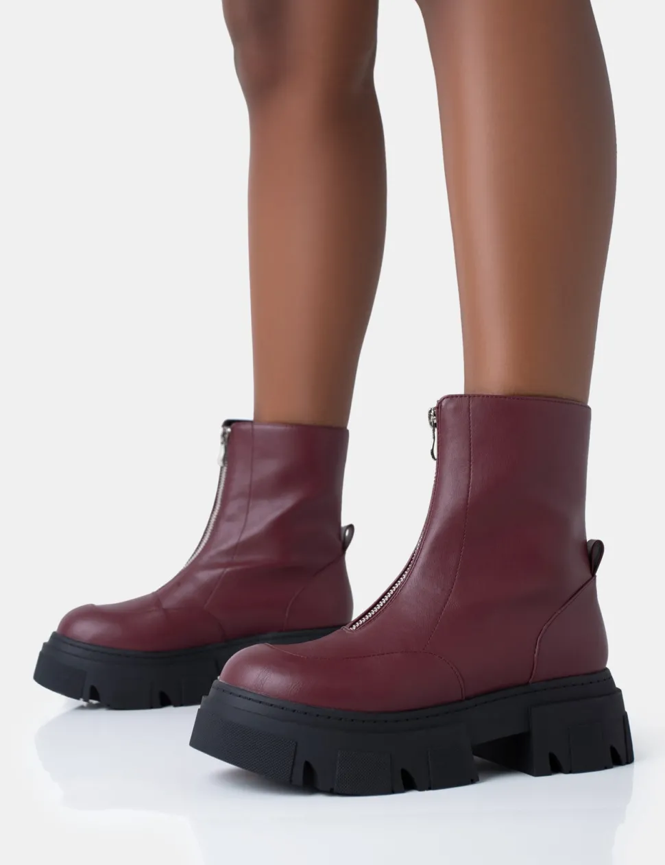 Discount Bergen Pu Zip Up Detailed Rounded Chunky Soled Ankle Boots Chunky Boots | Ankle Boots