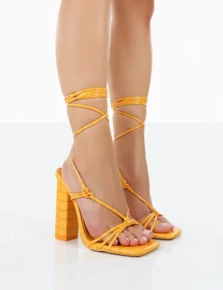 Sale Berry Croc Square Toe Strappy Lace Up Block Heels 4" Heels | Square Toe Heels